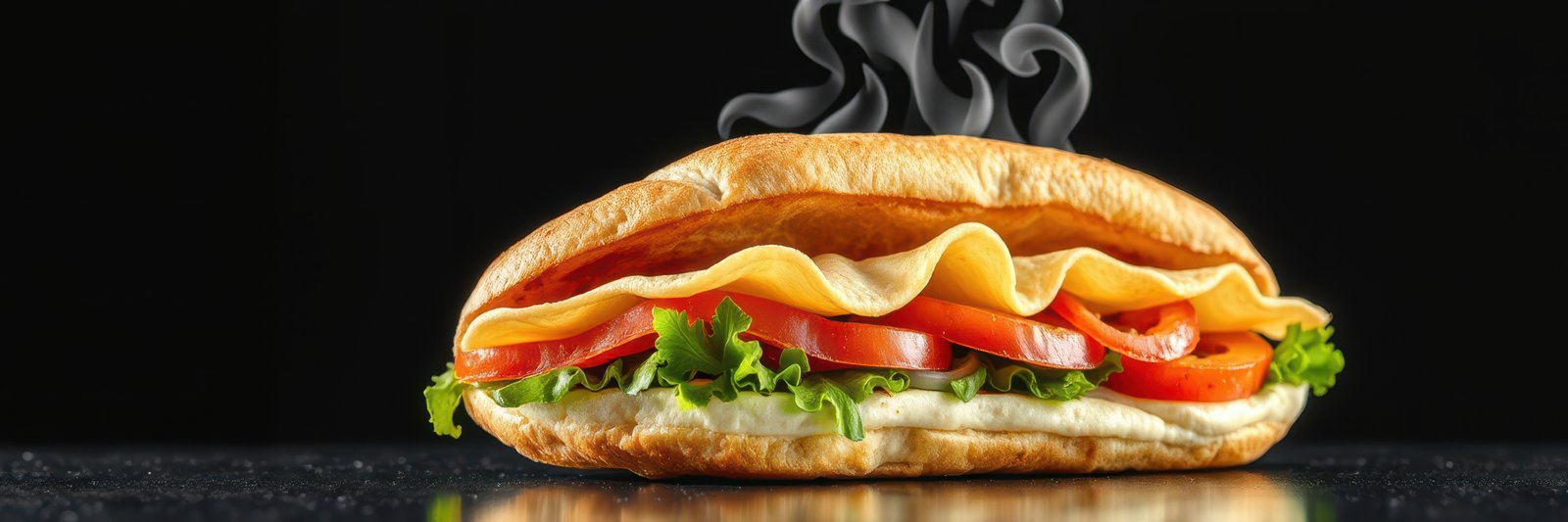Delicious steaming sandwich with fresh vegetables and smoky aroma on a dark background